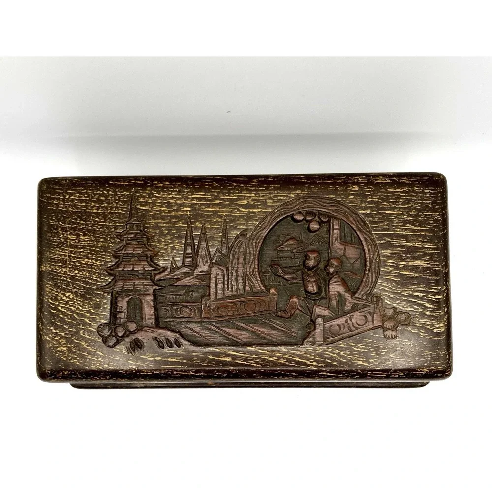 Antique George Zee Chest Jewelry‎ Box Hand Carved Wood Chinese Scene